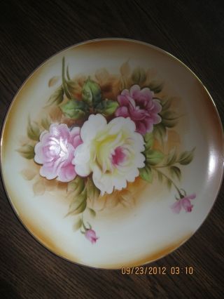 Hand Painted Plate With Pink & Yellow Roses And Trimmed In Gold photo