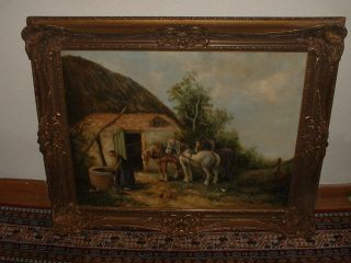 Large Old Oil Painting,  { Horses By There Barn,  Is Signed,  Frame} Antique photo