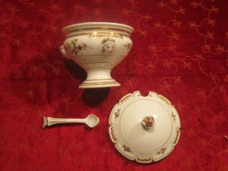 19th Century Old Paris White With Floral And Gold Trim Soup Tureen With Spoon. photo