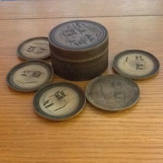 Great Vintage Hand Carved In Japan Set Of 5 Coasters And Holder photo
