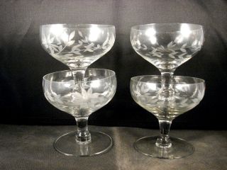 Set Of 4 20th C Engraved Champagne Or Desert Glasses photo