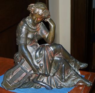 Antique Figurine (woman Resting Beside Lyre) - Bronze Finish - Heavy Patina photo