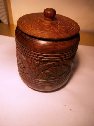 Antique Vintage Wood Carved Canister Trinket Jewelry Bowl India Sarna Flowers photo