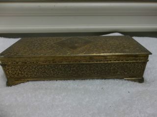 Gentleman ' S Brass Color Metal Art Deco Era Floral Des.  Shield Center Dresser Box photo