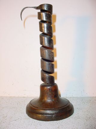Antique French Wrought Iron & Wood Spiral Candlestick N°13 photo