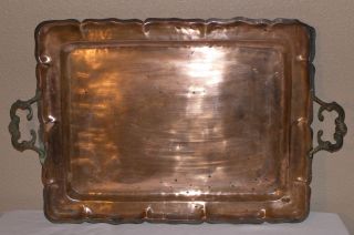 Vintage/antique Large Solid Copper Rectangular Tray W/ Brass Handles photo