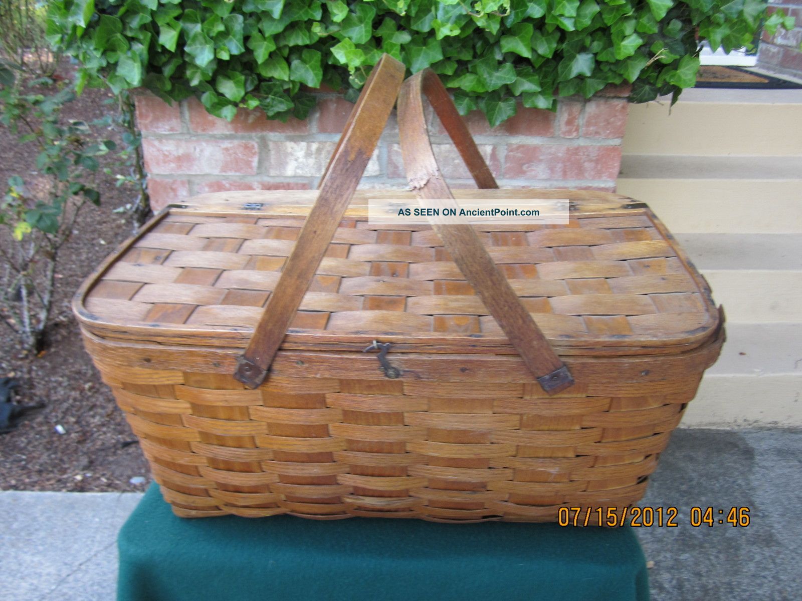 Old Woven Wood Picnic Basket - Brass Hinges,  Brass Front Latch & Woven Top Boxes photo