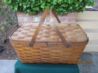 Old Woven Wood Picnic Basket - Brass Hinges,  Brass Front Latch & Woven Top photo