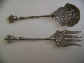 2 Italian Brass Serving Pieces,  Fork & Spoon,  Rococo Style,  Florentine Plume photo