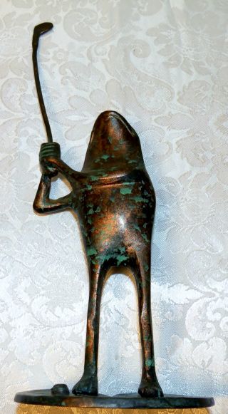 Bronze Metal Golfing Frog Standing Lily Pad Stocking Stuffer Paperweight Mint photo