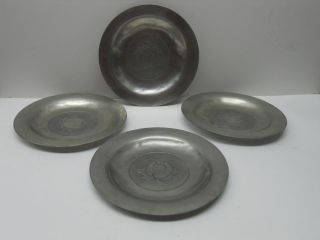 Set 4 Small Vintage Pewter Plates Depicting A Fruit Center photo