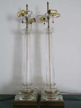 Pair Of Tall Antique Vintage Crystal Glass Column Brass Base Table Desk Lamps photo