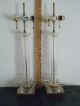 Pair Of Tall Antique Vintage Crystal Glass Column Brass Base Table Desk Lamps Lamps photo 7