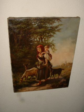Excellent Antique Oil Painting,  { Woman With A Child And Goats,  Finished Finely } photo