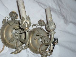 Pair Vintage Italian Tole Sconces Roses Flowers Painted Gilded Chic Chippy Light photo