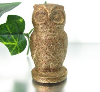 Antique Owl Cast Iron Paperweight Miniature Figure Heavy Gold Paint photo