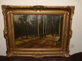 Old Oil Painting,  { Man & Woman With A Horse And Wagon,  Is Signed,  Frame }. photo