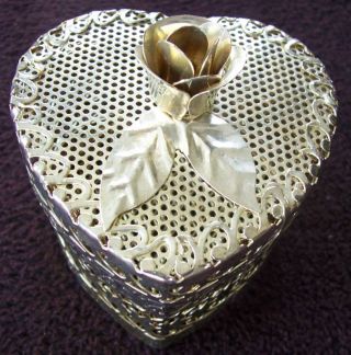 Antique Vintage Heart Shape Goldtone Metal Filigree Trinket Box Rare photo