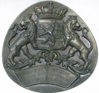 Antique Coat Of Arms Of Belgium Shield Lions And Crown Plaque In Bronzed Metal photo
