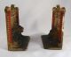 Antique Cast Iron Bookends Lion In Front Of Metal Gate Metalware photo 5