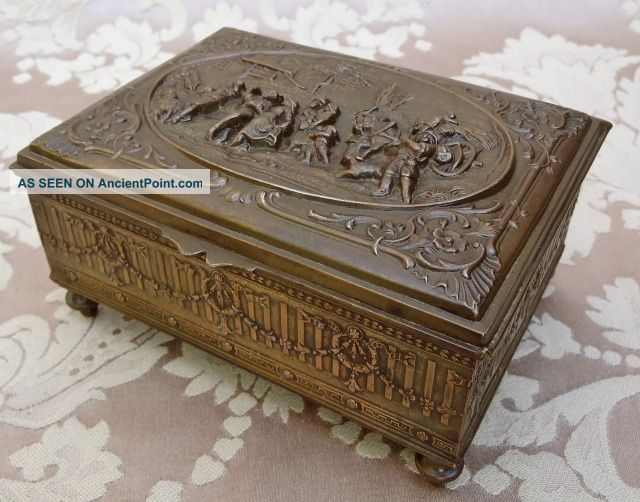 Antique French Pictorial Bronze Patina Metal Trinket Vanity Cigarette Box Metalware photo