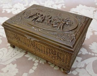 Antique French Pictorial Bronze Patina Metal Trinket Vanity Cigarette Box photo
