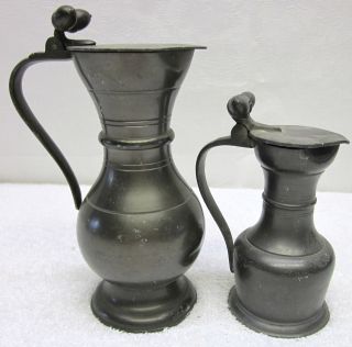 Great Pair 2 Pewter Wine Pitcher Hinged Lid Ewer Jug Tankarts Marked Early 1900s photo