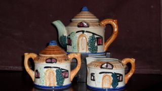 Antique Cottage Tea Pot,  Creamer & Sugar Bowl photo
