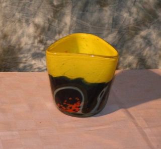 Hand Blown Art Glass Vase/yellow Mixed/square Romania photo