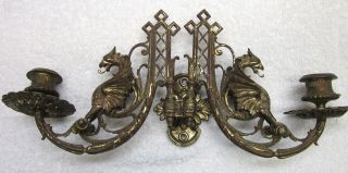 Antique Set Victorian Piano Candle Holders Figural Dragons Sconce Rustic Brass photo