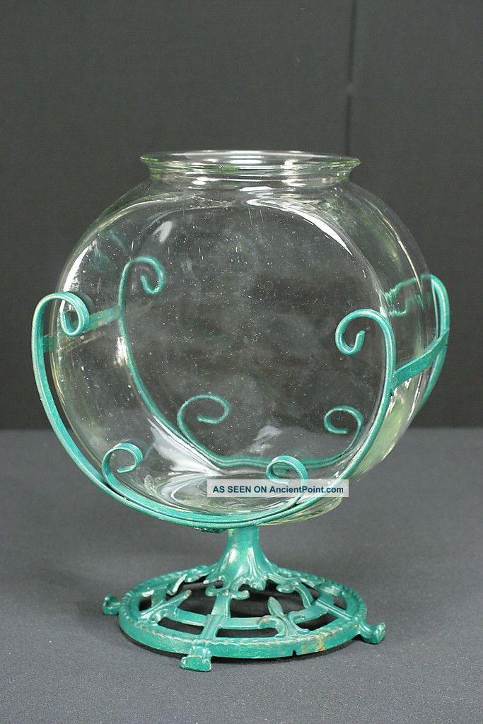Wrought & Cast Iron Antique Fish Bowl Stand With 2 Gallon Clear Glass B...