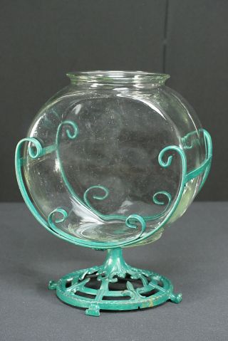 Wrought & Cast Iron Antique Fish Bowl Stand With 2 Gallon Clear Glass Bowl photo
