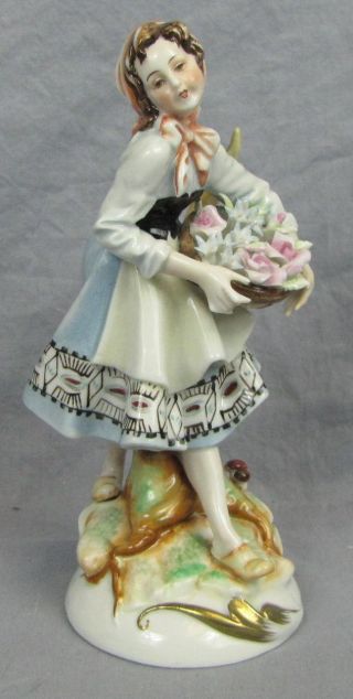 Vintage Gorgeous German Figurine Girl With Basket Of Flower 6054 photo