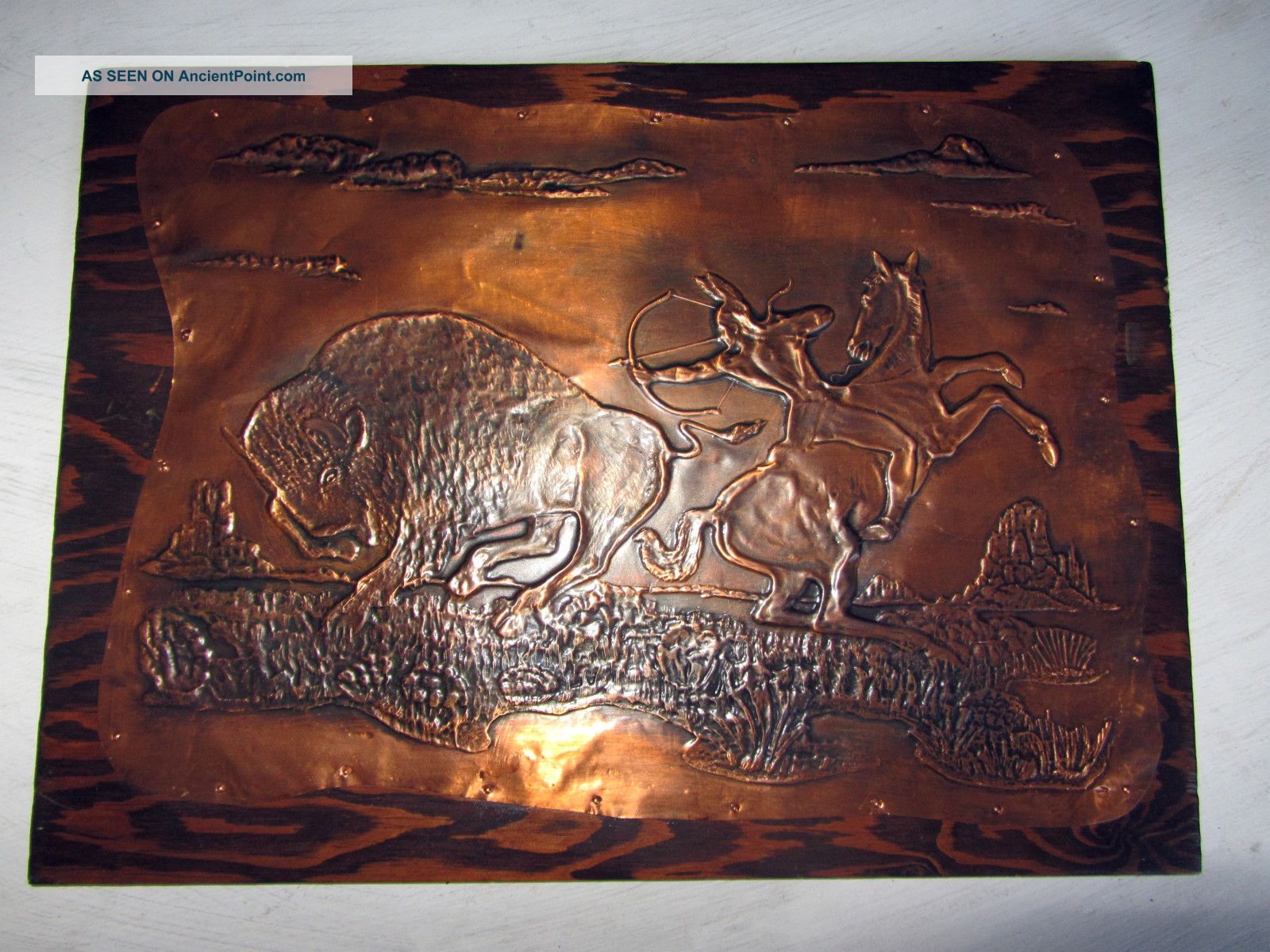 Vtg Picture Relief Plaque Embossed Copper Buffalo Hunter Horse Prairie Metalware photo