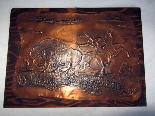 Vtg Picture Relief Plaque Embossed Copper Buffalo Hunter Horse Prairie photo