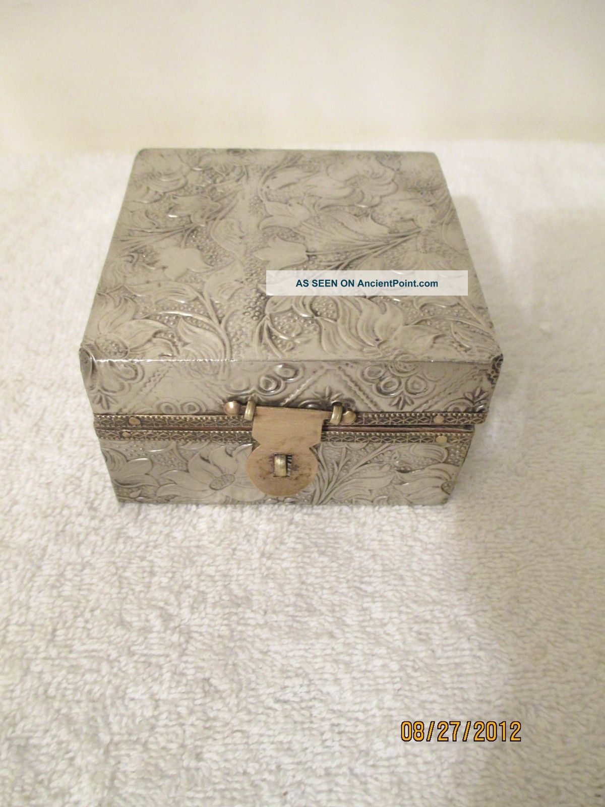 Antique Vtg Trinket Jewelry Box Holder Treasure Silver Metal Embossed Folk Art Metalware photo