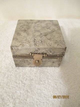 Antique Vtg Trinket Jewelry Box Holder Treasure Silver Metal Embossed Folk Art photo