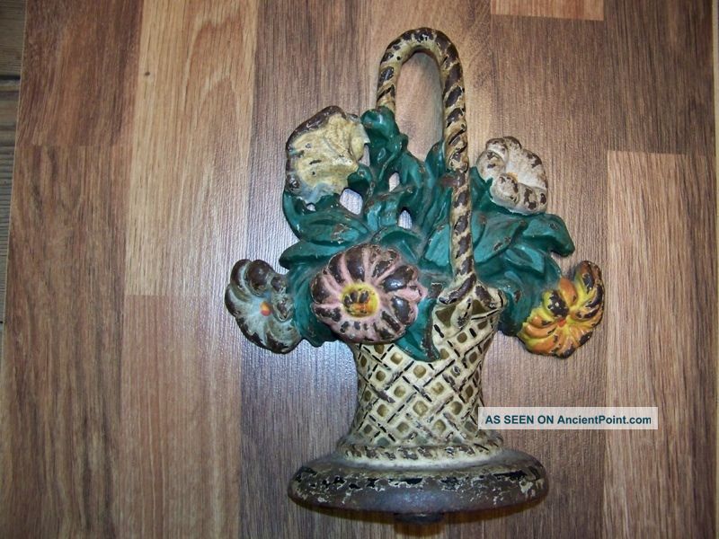 Doorstop Painted Flower Bouquet Wicker Basket Antique Cast Iron Old Hubley Metalware photo