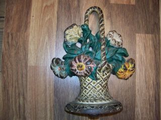 Doorstop Painted Flower Bouquet Wicker Basket Antique Cast Iron Old Hubley photo