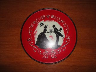 Vintage Antique Tin Plate Man Woman Silhouette Flowers Red Black White Color photo