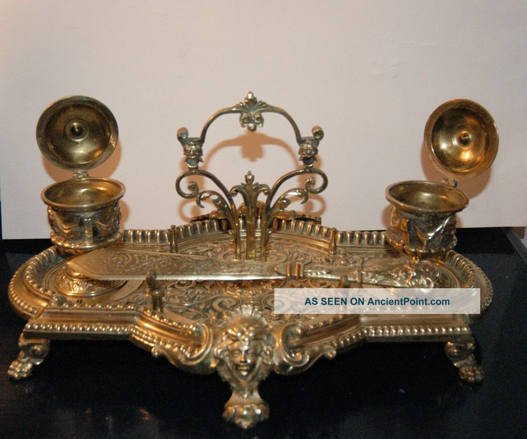 Antique Elaborate Brass Pen Tray,  Letter Opener & Double Inkwell Desk Set 19thc Metalware photo