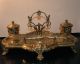 Antique Elaborate Brass Pen Tray,  Letter Opener & Double Inkwell Desk Set 19thc Metalware photo 1