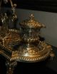 Antique Elaborate Brass Pen Tray,  Letter Opener & Double Inkwell Desk Set 19thc Metalware photo 7