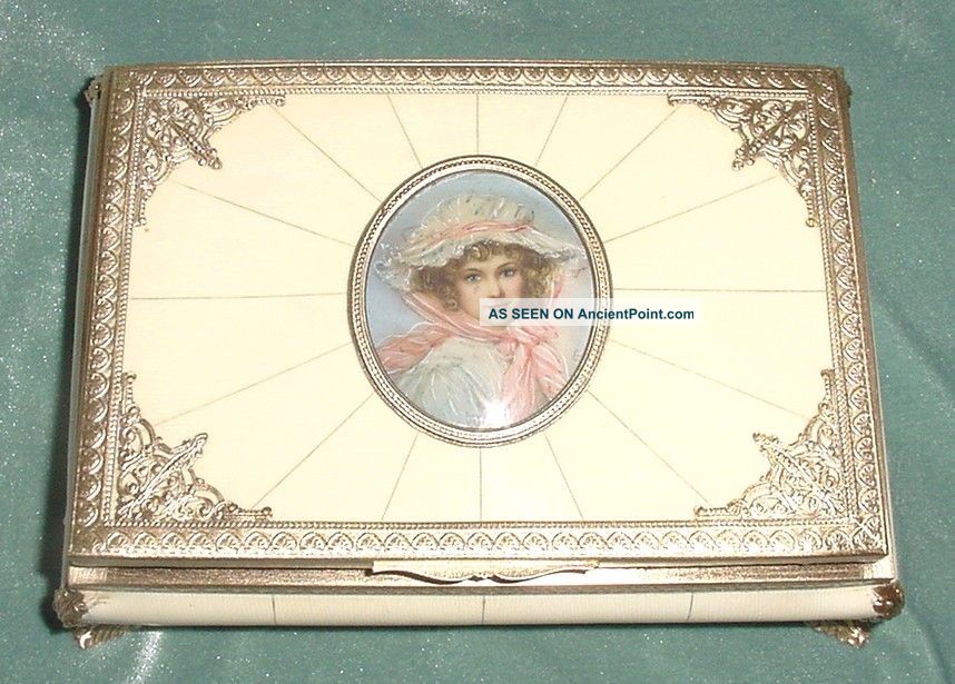 Old Filigree Brass Celluloid Handpainted Miniature Jewels Jewelry Casket Box 8 