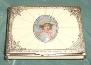 Old Filigree Brass Celluloid Handpainted Miniature Jewels Jewelry Casket Box 8 