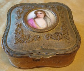 Antique Gilt Brass Trinket/jewelry Box+painted Porcelain Cameo/portrait/painting photo