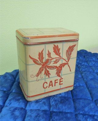Vintage French Cafe Canister Tin Box Cafe Flower Drawing Kitchenalia Timware photo
