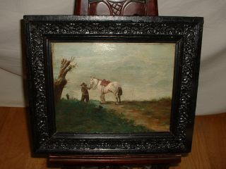 Very Old Oil Painting,  { Man With His Horse Taking A Break } Is Antique photo