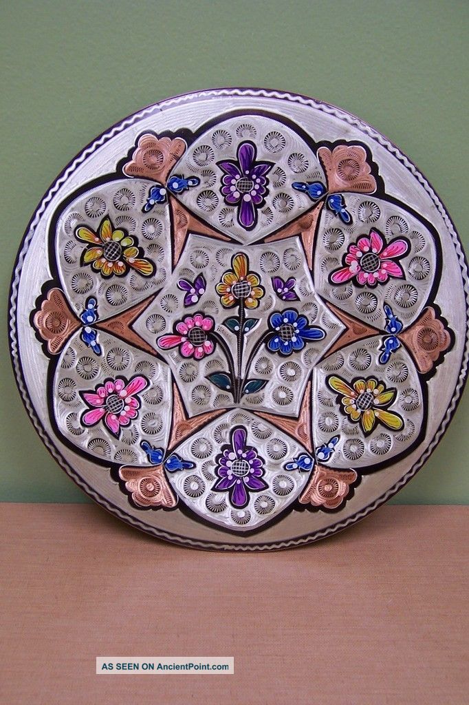 Old Engraved Copper Plate With Enamel Hand - Painted Flowers Metalware photo