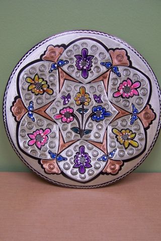 Old Engraved Copper Plate With Enamel Hand - Painted Flowers photo